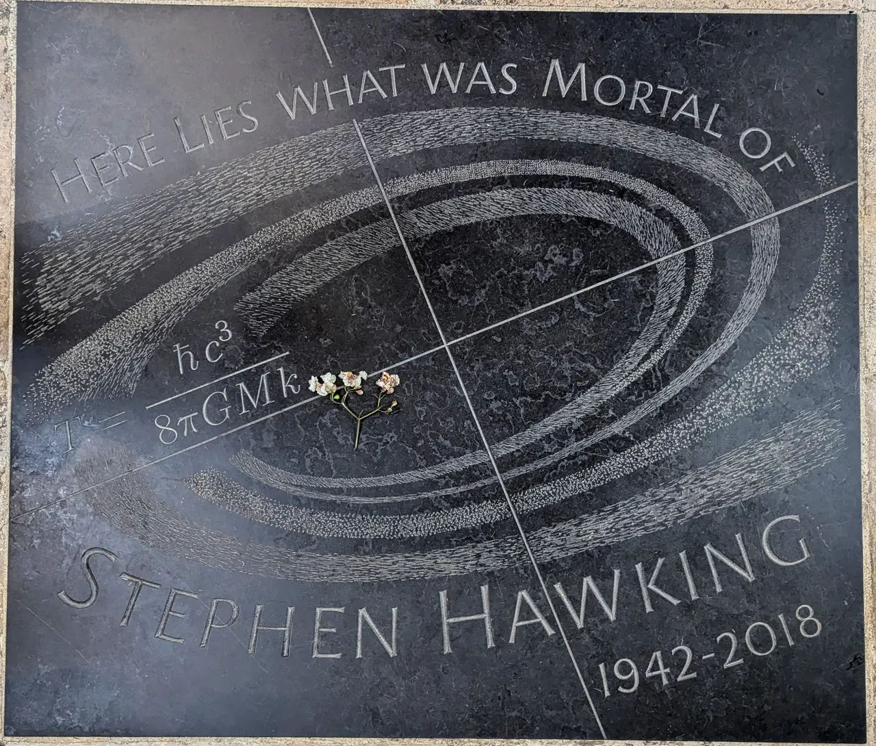 Steven Hawking, just one of the many scientists interred or memorialized there. The formula for the temperature of a black hole due to Hawking Radiation (where spontaneous matter-antimatter pairs fall on either side of the Schwarzschild radius, and thus escape instead of annihilating shortly thereafter, which results in radiation away from the black hole). Anyway, in addition to not being a Churchologist, I’m not an astrophysicist either, so I cannot tell you why they’re using hbar there instead of just dividing by sixteen pi squared, or why they don’t just fold all that into one of the constants. But I digress.