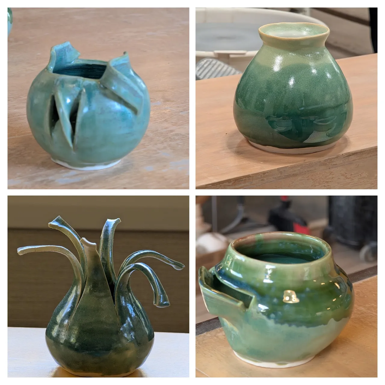 Honestly not the best photos. I experimented a lot with altering shapes and with layering glazes in 2025. The super-glossy green in the bottom right is the result of a basic green with a pink glaze on top. Turns out that the tin in the pink glaze reacts with the contents of the oribe green glaze to make a really glossy green. I like it; I found a couple of good glaze combinations this year.