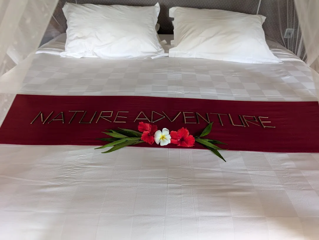 I thought I’d add the only other photo I took on Thursday; the bed at Naya Gawana. Every place we have stayed has used a lot of fresh flowers every day to put little decorations everywhere. It is lovely, really.