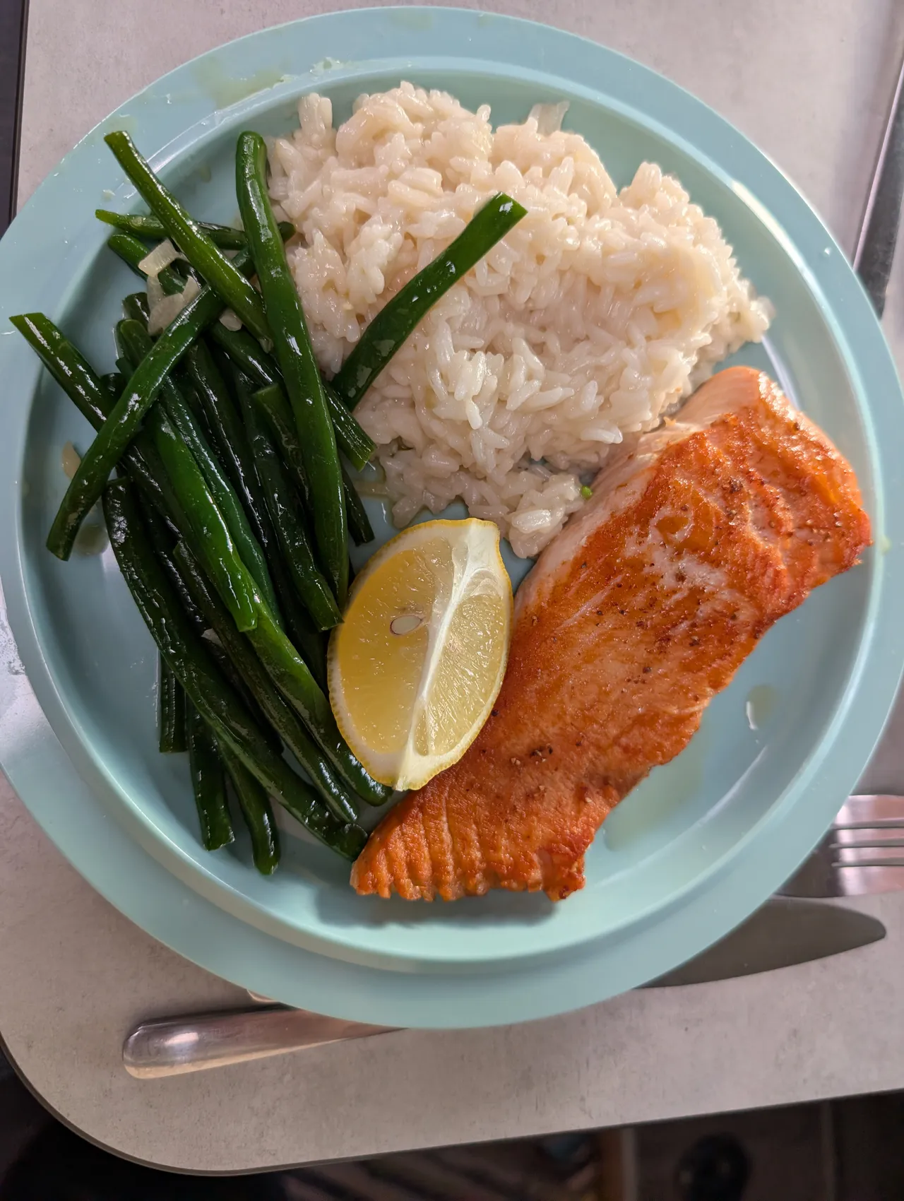 Dinner was Scottish salmon (lemon pepper), rice pilaf, and green beans.