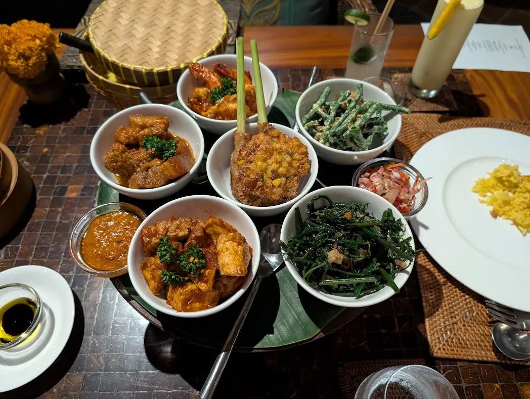 Long beans, Fern Tips, Tofu, Pork Belly, Shrimp, Satay (fish this time) and Corn Fritters.